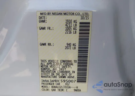 2015 Nissan Altima 2.5 S from USA, damaged, VIN 1N4AL3AP8FC595007